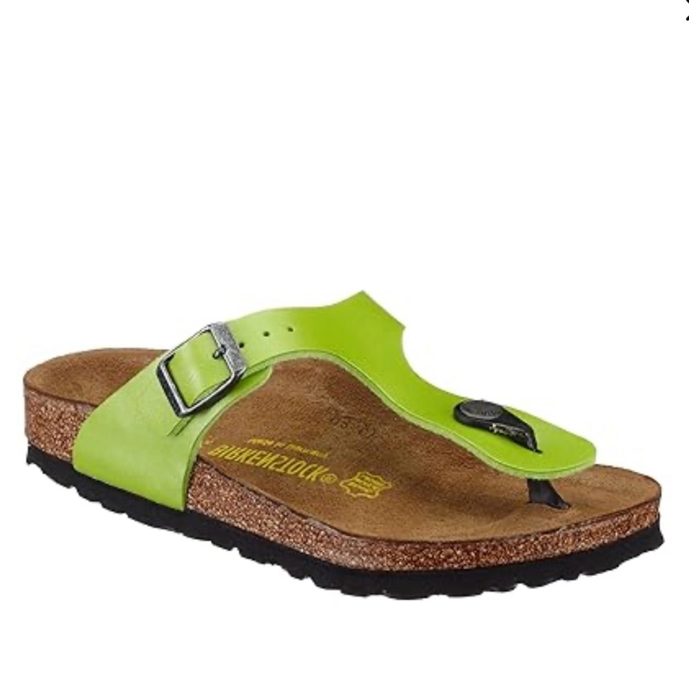 Birkenstock Gizeh Thong Sandals Patent Faux Leather Lime BurkoFlor EVA Cork 8‎